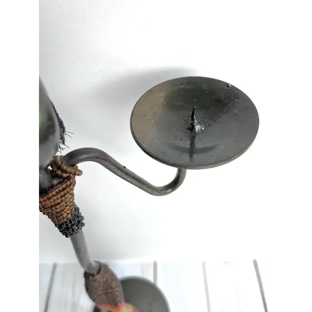 African Metal Beaded Candle Holder Sculpture Figurine Holds 2 Candles 15.5” Tall